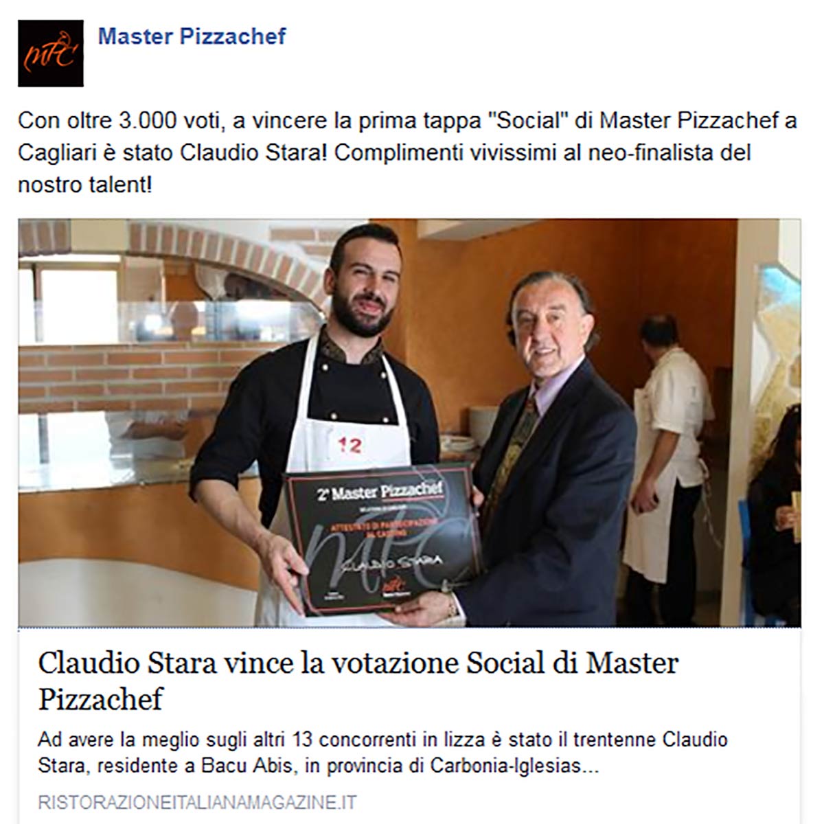 Claudio Stara vince la votazione Social di Master Pizzachef a Cagliari