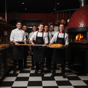 Un gruppo di allievi sorridenti mentre estraggono una pizza perfettamente cotta dal forno a legna della Pizzeria Nerone